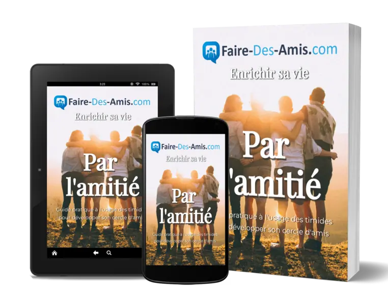 Image d'un livre intitulé "Par l'amitié" affiché sur trois appareils : une tablette, un smartphone et un livre physique. La couverture représente un groupe d'amis marchant ensemble dans un champ.